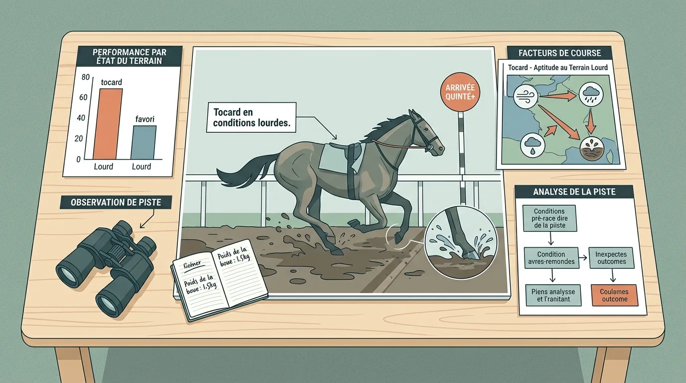 Cheval franchissant l'arrivée du Quinté+ sur un terrain lourd, illustrant l'impact des conditions de course sur les tocards