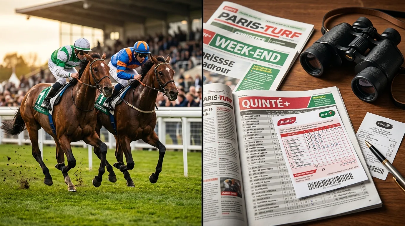 Pronostics presse quinté demain : journaux hippiques ouverts sur une table avec jumelles et ticket de pari